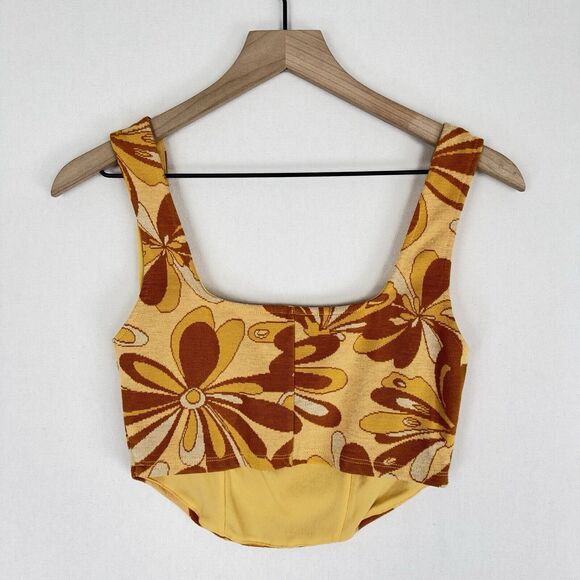 Zara Top Womens Medium Yellow Floral Cropped Retro 70s Funky Boho Fairy Festival - Picture 7 of 12
